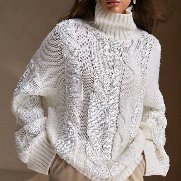 White Casual Women's Loose Fit High Neck Sequin Knit Pullover Sweater - Picture 3 of 6